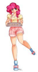 Size: 511x965 | Tagged: safe, artist:missmaeko, pinkie pie, human, baking, carrying, clothes, cookie, earring, food, humanized, looking at you, pixel art, shorts, solo, suspender shorts, suspenders