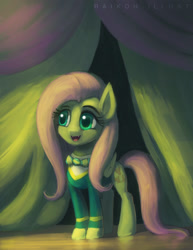 Size: 1020x1320 | Tagged: safe, artist:raikoh, fluttershy, filli vanilli, cute little fangs, fangs, flutterbat, ponytones outfit, solo