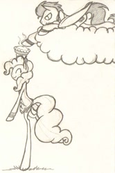 Size: 870x1308 | Tagged: safe, artist:copperirisart, pinkie pie, soarin', pony, bipedal, cloud, monochrome, pie, that pony sure does love pies, traditional art