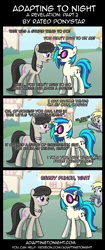 Size: 850x2020 | Tagged: safe, artist:terminuslucis, derpy hooves, dj pon-3, octavia melody, vinyl scratch, earth pony, pegasus, pony, unicorn, comic:adapting to night, comic:adapting to night: a revelation, comic, female, implied berry punch, mare, noodle incident, offscreen character