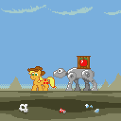 Size: 512x512 | Tagged: safe, artist:scalybeing, applejack, earth pony, pony, apple, commodore 64, crate, dead, desert, m.u.l.e., pixel art, skull