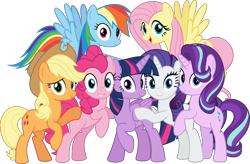 Size: 5512x3612 | Tagged: safe, artist:jhayarr23, applejack, fluttershy, pinkie pie, rainbow dash, rarity, starlight glimmer, twilight sparkle, twilight sparkle (alicorn), alicorn, earth pony, pegasus, pony, unicorn, the mean 6, applejack's hat, bipedal, c:, cowboy hat, cute, cutie mark, female, flying, grin, hat, hug, lidded eyes, looking at you, mane six, mare, open mouth, raised hoof, simple background, smiling, spread wings, transparent background, vector, wide eyes, wings