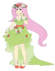 Size: 768x994 | Tagged: safe, artist:satohai, fluttershy, human, clothes, coronation dress, dress, floral head wreath, flower, humanized, light skin, solo