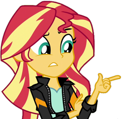 Size: 706x691 | Tagged: safe, artist:fella, sunset shimmer, equestria girls, friendship games, clothes, female, jacket, leather jacket, pointing, simple background, solo, transparent background