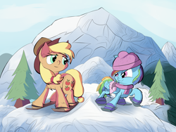 Size: 4000x3000 | Tagged: safe, artist:wadusher0, derpibooru import, applejack, rainbow dash, earth pony, pegasus, pony, absurd resolution, newbie artist training grounds, skiing, snow