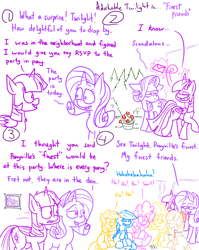 Size: 1280x1611 | Tagged: safe, artist:adorkabletwilightandfriends, derpibooru import, applejack, coco pommel, fluttershy, pinkie pie, rainbow dash, rarity, sweetie belle, twilight sparkle, twilight sparkle (alicorn), alicorn, earth pony, pegasus, pony, unicorn, comic:adorkable twilight and friends, adorkable twilight, comic, envelope, flower, friends, friendship, humor, lineart, party, slice of life