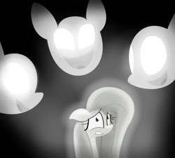 Size: 943x847 | Tagged: safe, artist:littlecloudie, fluttershy, pegasus, pony, filli vanilli, black and white, glowing eyes, grayscale, panic attack, scene interpretation, solo, stage fright