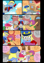 Size: 1600x2262 | Tagged: safe, artist:jeremy3, apple bloom, derpy hooves, scootaloo, sweetie belle, pegasus, pony, comic:quest for apple bloom, clothes, comic, cutie mark crusaders, dialogue, female, mailmare, mare, property damage, scarf, sick, snow, socks, sweat, uniform, winter