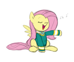 Size: 670x560 | Tagged: safe, artist:carnifex, fluttershy, pegasus, pony, filli vanilli, cute, eyes closed, female, mare, music notes, open mouth, ponytones outfit, shyabetes, singing, sitting, solo