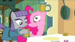 Size: 576x324 | Tagged: safe, screencap, maud pie, pinkie pie, earth pony, pony, maud pie (episode), animated, apple cider, hub logo, hubble, mug, pinkie being pinkie, the hub