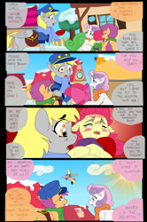 Size: 1024x1546 | Tagged: safe, artist:jeremy3, apple bloom, derpy hooves, scootaloo, sweetie belle, pegasus, pony, comic:quest for apple bloom, clothes, comic, cutie mark crusaders, dialogue, female, flying, mailmare, mare, scarf, sick, snow, sweat, uniform, winter