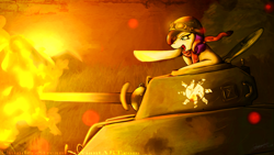 Size: 1024x576 | Tagged: safe, artist:thunder-stream, rarity, pony, unicorn, clothes, explosion, helmet, m4 sherman, scarf, sherman, tank (vehicle), war