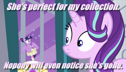 Size: 1841x1045 | Tagged: safe, edit, edited screencap, screencap, starlight glimmer, twilight sparkle, twilight sparkle (alicorn), alicorn, pony, unicorn, a royal problem, ballerina, dialogue, image macro, meme, stare, tutu, twilarina