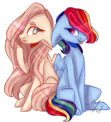 Size: 568x622 | Tagged: safe, artist:sileentdo, derpibooru import, fluttershy, rainbow dash, pegasus, pony, duo, female, hair over one eye, looking at each other, looking sideways, mare, raised hoof, simple background, sitting, tongue out, transparent background