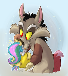 Size: 917x1029 | Tagged: safe, artist:thedoggygal, discord, princess celestia, bird, cat, birdified, boop, catified, crossover, fangs, frown, holding, looney tunes, open mouth, scared, smirk, species swap, sylvester, tongue out, tweety bird, wide eyes