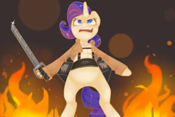 Size: 600x400 | Tagged: safe, artist:janegumball, rarity, pony, unicorn, attack on titan, bipedal, clothes, fire, solo, sword