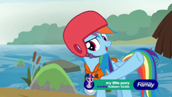 Size: 1280x720 | Tagged: safe, derpibooru import, screencap, rainbow dash, pegasus, pony, non-compete clause, discovery family logo, helmet, moss, reeds, river, rock, tree, water