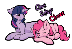 Size: 1244x841 | Tagged: safe, artist:xxaurelia, derpibooru import, pinkie pie, twilight sparkle, unicorn twilight, earth pony, pony, unicorn, blushing, female, lesbian, mare, missing cutie mark, shipping, twinkie