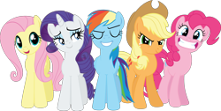 Size: 2980x1500 | Tagged: safe, artist:phucknuckl, artist:stabzor, derpibooru import, applejack, fluttershy, pinkie pie, rainbow dash, rarity, earth pony, pegasus, pony, unicorn, female, grin, simple background, smiling, transparent background