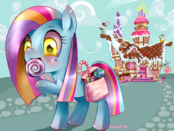 Size: 1032x774 | Tagged: safe, artist:rubypm, pinkie pie, oc, oc:dolly flash, earth pony, pony, candy, food, lollipop, solo