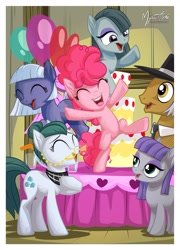 Size: 1021x1417 | Tagged: safe, artist:mysticalpha, cloudy quartz, igneous rock pie, limestone pie, marble pie, maud pie, pinkie pie, pony, adoraquartz, balloon, bipedal, cake, cheering, cute, dancing, diapinkes, eyes closed, family, filly, filly pinkie pie, happy, laughing, limabetes, marblebetes, maudabetes, open mouth, pie family, pie sisters, quartzrock, scene interpretation, smiling, when she smiles