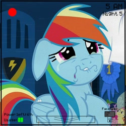 Size: 720x720 | Tagged: safe, derpibooru import, edit, edited screencap, screencap, rainbow dash, pegasus, pony, parental glideance, cropped, crying, five nights at freddy's, sad, solo, teary eyes, wavy mouth