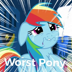 Size: 720x720 | Tagged: safe, derpibooru import, edit, edited screencap, screencap, rainbow dash, pegasus, pony, parental glideance, abuse, background pony strikes again, cropped, crying, dashabuse, downvote bait, op is a cuck, op is trying to start shit, op isn't even trying anymore, sad, teary eyes, wavy mouth, worst pony
