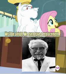 Size: 640x720 | Tagged: safe, bulk biceps, fluttershy, pegasus, pony, blonde, blonde mane, blonde tail, blue eyes, colonel sanders, curtain, ear piercing, exploitable meme, female, kfc, looking to side, looking to the right, male, mare, meme, open mouth, piercing, pink mane, pink tail, red eyes, replacement meme, smiling, spread wings, stallion, text, white coat, wings, yellow coat