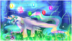 Size: 1024x589 | Tagged: safe, artist:xwhitedreamsx, princess celestia, alicorn, pony, crown, elements of harmony, magic, sad, solo, wall