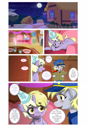 Size: 1600x2262 | Tagged: safe, artist:jeremy3, derpy hooves, dinky hooves, pegasus, pony, comic:quest for apple bloom, comic, female, groceries, hat, mailmare, mare, night, party hat, tired