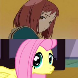 Size: 500x500 | Tagged: safe, screencap, fluttershy, pegasus, pony, filli vanilli, comparison, duckface, flcl, look-alike, mind blown, pouting, samejima mamimi