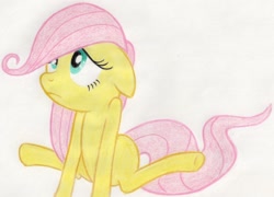 Size: 2362x1702 | Tagged: safe, artist:muffin mane, fluttershy, pegasus, pony, the cutie mark chronicles, blank flank, cute, filly fluttershy, floppy ears, hnnng, shyabetes, solo, traditional art