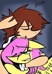 Size: 2154x3065 | Tagged: safe, artist:scootaloocuteness, fluttershy, pegasus, pony, clothes, crossover, crying, eyes closed, hug, jacket, kingdom hearts, kingdom hearts of harmony, sora, sorashy