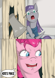 Size: 1200x1693 | Tagged: safe, artist:brainsucks, maud pie, pinkie pie, earth pony, pony, axe, female, here's johnny, insanity, knife, mare, open mouth, parody, smiling, the shining, wide eyes