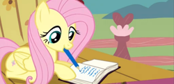 Size: 1365x661 | Tagged: safe, screencap, fluttershy, pegasus, pony, filli vanilli, book, mouth hold, pencil, solo