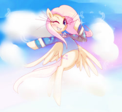 Size: 983x909 | Tagged: safe, artist:girlieginger, fluttershy, pegasus, pony, filli vanilli, clothes, cloud, cloudy, eyelashes, flying, shirt, solo, wink