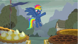 Size: 706x396 | Tagged: safe, derpibooru import, screencap, evil pie hater dash, rainbow dash, pegasus, pony, secrets and pies, adorapiehater, angry, cart, cloud, cute, female, flag, flying, food, great moments in animation, house, madorable, mare, pie, ponyville, raised hoof, solo, tree