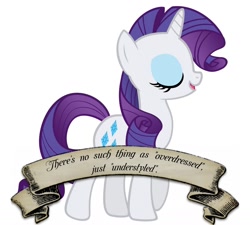 Size: 1600x1440 | Tagged: safe, rarity, pony, unicorn, fashion, old banner, overdressed, parody, quote, ribbon, solo, style