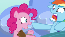 Size: 1280x720 | Tagged: safe, derpibooru import, screencap, pinkie pie, rainbow dash, earth pony, pegasus, pony, secrets and pies, bed, bell, cowbell, faic, morning ponies, out of context, pillow, rainbow dash is best facemaker, sheet, smiling, startled