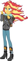 Size: 4795x10309 | Tagged: safe, artist:pirill, sunset shimmer, eqg summertime shorts, equestria girls, monday blues, .ai available, absurd resolution, backpack, boots, clothes, coat, female, finger gun, finger guns, high heel boots, messy hair, pants, shoes, simple background, solo, transparent background, vector