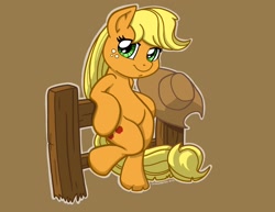 Size: 1650x1276 | Tagged: safe, artist:latecustomer, applejack, earth pony, pony, bipedal, bipedal leaning, fence, solo