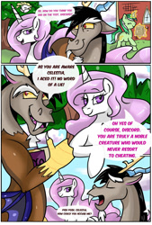 Size: 758x1118 | Tagged: safe, artist:aurora-chiaro, artist:gigandjett, discord, princess celestia, alicorn, pony, comic, implied dislestia, implied shipping, pink-mane celestia, when i first laid eyes upon the sun, younger