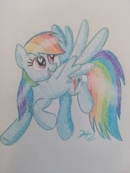 Size: 3120x4160 | Tagged: safe, artist:prinrue, derpibooru import, rainbow dash, pegasus, pony, female, flying, mare, raised hoof, smiling, traditional art