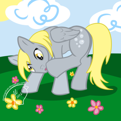 Size: 2000x2000 | Tagged: safe, artist:sterlingsilver, derpy hooves, pegasus, pony, :o, ear scratch, female, flower, horses doing horse things, mare, raised leg, scratching, solo