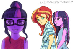 Size: 900x600 | Tagged: safe, artist:raikoh, color edit, edit, sci-twi, sunset shimmer, twilight sparkle, equestria girls, colored, colored sketch, distracted, distracted boyfriend meme, female, glasses, jealous, lesbian, looking back, meme, scitwishimmer, self paradox, shipping, simple background, smiling, sunset twiangle, sunsetsparkle, this will end in polygamy, twolight, white background