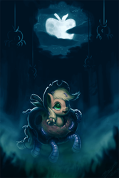 Size: 1080x1620 | Tagged: safe, artist:assasinmonkey, applejack, earth pony, pony, apple, clothes, costume, forest, monster, moon, night, solo, surreal