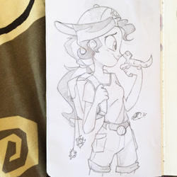 Size: 1080x1080 | Tagged: safe, artist:antych, ray, sunset shimmer, eqg summertime shorts, equestria girls, pet project, backpack, cute, shimmerbetes, smiling, traditional art