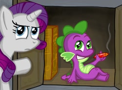 Size: 1024x762 | Tagged: safe, artist:petirep, rarity, spike, dragon, pony, unicorn, cupboard, gem, smoking