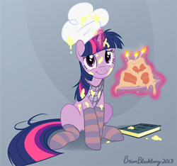 Size: 628x589 | Tagged: safe, artist:brianblackberry, derpibooru import, twilight sparkle, unicorn twilight, pony, unicorn, adorkable, book, cake, candle, chef's hat, clothes, cooking, cute, dork, female, food, hat, hnnng, looking at you, magic, mare, messy, sitting, smiling, socks, solo, striped socks, telekinesis, twiabetes, you tried