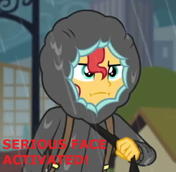 Size: 670x653 | Tagged: safe, edit, edited screencap, screencap, sunset shimmer, eqg summertime shorts, equestria girls, monday blues, backpack, clothes, face, hoodie, rain